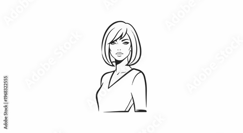 Stylized black and white drawing of a woman's portrait with short bob haircut