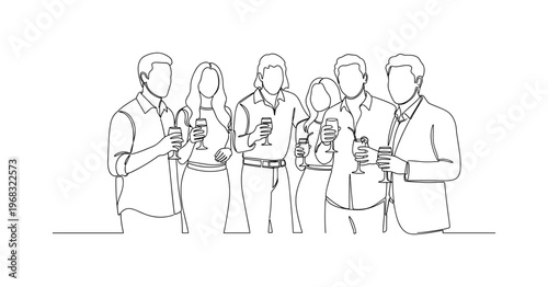 Evening Mixer. Minimalistic one-line drawing group of people standing with drinks in relaxed party atmosphere, continuous single black line on white