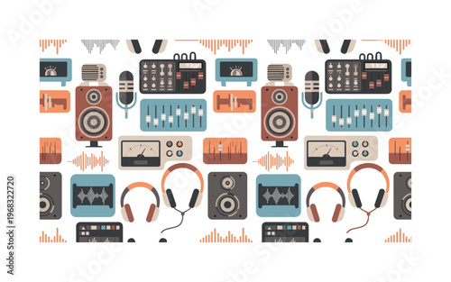 audio engineer icons seamless pattern, repeating pattern, surface design, textile print, modern illustration of mixing desks, faders, knobs, microphones,