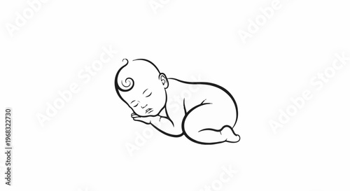 Stylized line art illustration of a newborn baby sleeping peacefully on its side