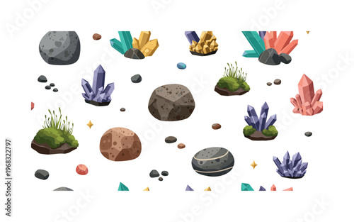 granite motifs seamless pattern, repeating pattern, surface design, textile print, modern illustration of boulders, stones, pebbles, moss patches, crystals,