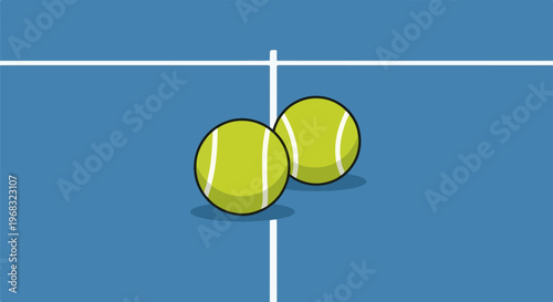 Two yellow tennis balls on a blue court with white lines