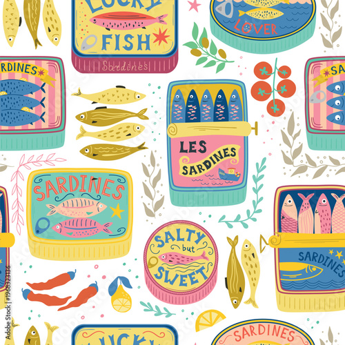 Canned sardines seamless pattern. Hand drawn seafood, fish, tomatoes, lemon repeat background. Mediterranean coastal textile design, vector aesthetic sardines tins print, wallpaper, wrap paper.