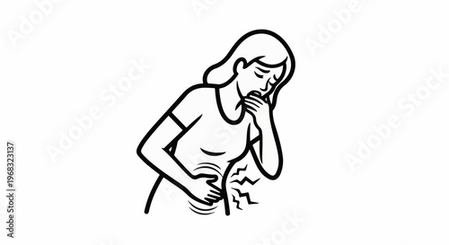 Woman clutching stomach, feeling nauseous and in pain