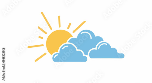 Yellow sun peeking from behind fluffy blue clouds