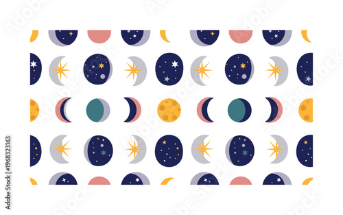 moon phase motifs seamless pattern, repeating pattern, surface design, textile print, modern illustration of waxing moons, waning moons, crescent and full