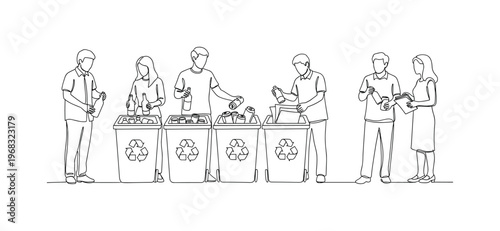 Creating a Community Recycling Program. Minimalistic one-line drawing people placing bottles, cans, and paper into labeled recycling bins, continuous single