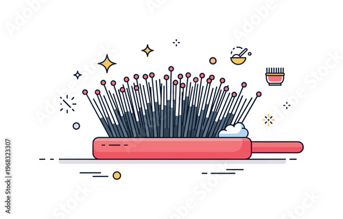 Hairbrush bristle close-up scene where bristles fan out on a clean brush while small sparkle and line icons emphasize texture, care, and grooming.