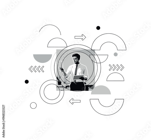 task distribution geometric rings semicircles and thin arrow icons realistic black and white person organizing workflow and delegating tasks in office setting