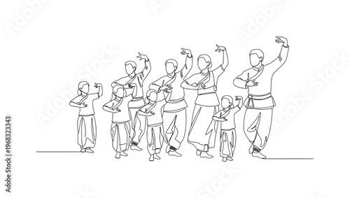 Traditional Dance Practice. Minimalistic one-line drawing seniors demonstrating steps while younger participants follow, continuous single black line on white