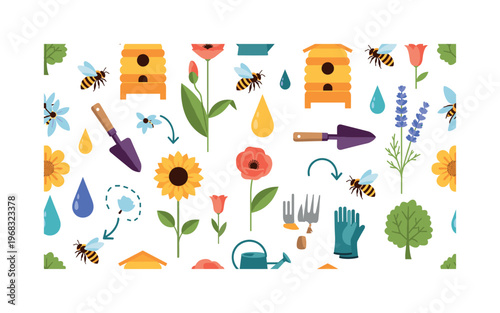bee conservation patterns seamless pattern, repeating pattern, surface design, textile print, modern illustration of honeybees, flowers, beehives, nectar