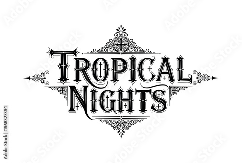Tropical Nights. lettering and all elements in black. Vector style. AWhite background. Pure white background. Perfect isolation and visual consistency.