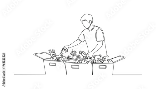 Toy Organization. Minimalistic one-line drawing person placing toy cars and stuffed animals into bins, continuous single black line on white background, simple