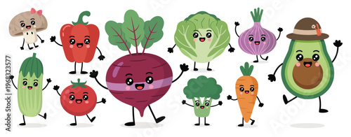 Vector illustration of cute vegetables with smiling faces and accessories, presented as a flat isolated food object collection, designed in a playful and colorful style 
