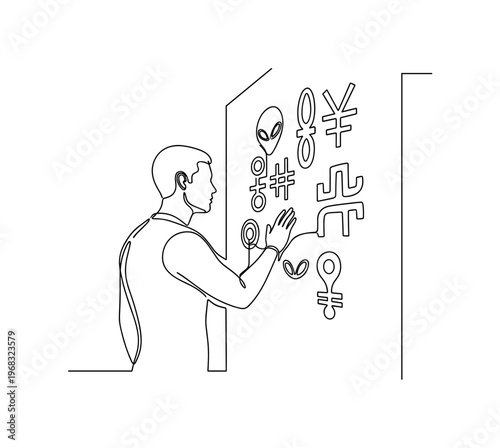 Alien Civilization Study. Minimalistic one-line drawing human figure examining alien inscriptions, continuous single black line on white background, simple