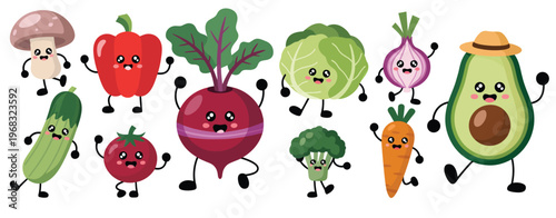 Vector illustration of cute vegetables featuring smiling faces and fun accessories, crafted as a flat vector collection of isolated food objects, ideal for educational materials, kids’ menus