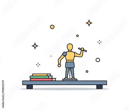 Sculpture tiny desktop figurine concept where a small sculpture decorates a table while tiny sparkle and star icons highlight charm, minimalism, and artistic