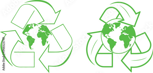 Recycling Symbol with Earth Globe Center Green Linear Arrows for Global Environmental Conservation and Sustainable Waste Management Vector Illustration