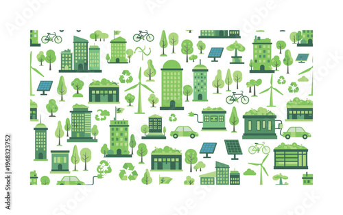 urban green patterns seamless pattern, repeating pattern, surface design, textile print, modern illustration of green cities, parks, eco-buildings, solar