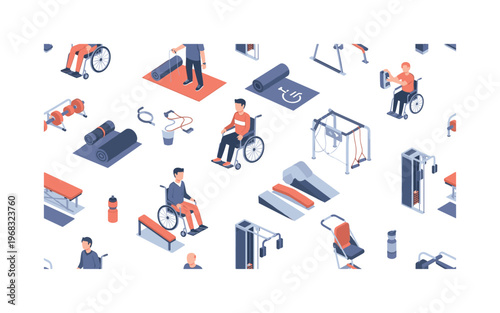 adaptive fitness icons seamless pattern, repeating pattern, surface design, textile print, modern illustration of wheelchair users, trainers, yoga mats,