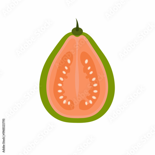 Guava fruit cut in half showing pink flesh and seeds inside guava