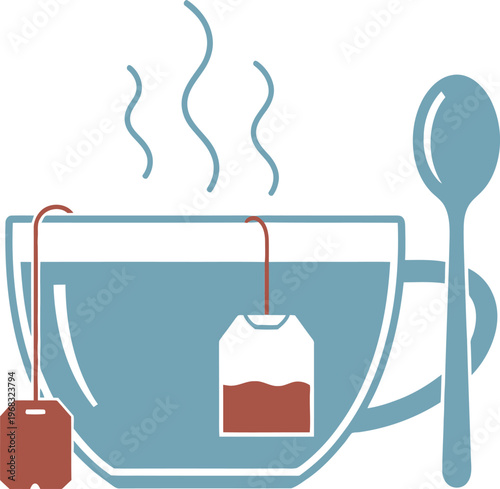 A minimalist flat vector illustration of a steaming cup of hot tea with a teabag and silver spoon