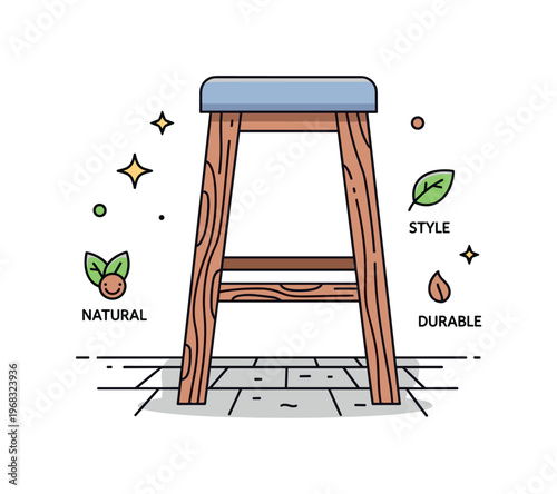 Bar stool leg rustic interior scene where a wooden stool leg stands on a textured floor while small sparkle and leaf icons highlight natural materials, style,