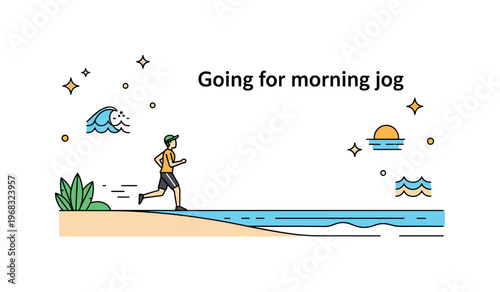 Going for a morning jog bridge overlook scene where a jogger runs across a bridge with scenic views while tiny sparkle and star icons highlight energy, focus,