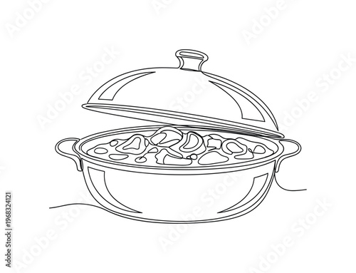 Meat Cooking. Minimalistic one-line drawing braised meat in sauce in covered pan, continuous single black line on white background, simple outline style, no