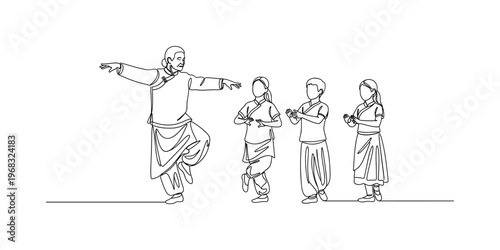 Teaching Cultural Dance. Minimalistic one-line drawing elderly people demonstrating steps with attentive learners, continuous single black line on white
