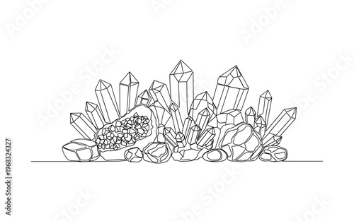 Crystals and Rocks. Minimalistic one-line drawing assorted crystals and stones on display, continuous single black line on white background, simple outline