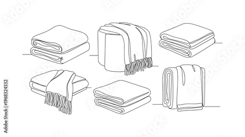Decorative Fabric Collection. Minimalistic one-line drawing assortment of home textile pieces folded or layered, continuous single black line on