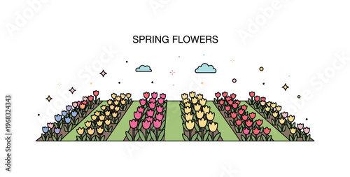Spring flowers botanical garden concept where rows of flowering plants bloom in a curated park while tiny sparkle and star icons highlight diversity, beauty,