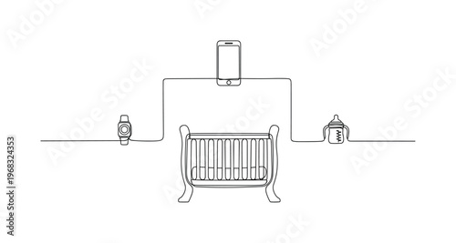 Connected Childcare System. Minimalistic one-line drawing smart crib, wearable tracker, and feeding device linked to smartphone, continuous single black line