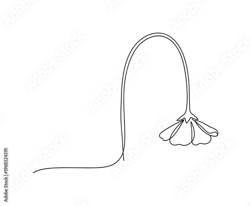 Drooping Plant. Minimalistic one-line drawing single flower stem bending downward, continuous single black line on white background, simple outline style, no