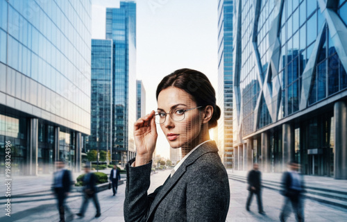 Double exposure of businesswoman and skyscrapers