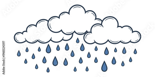Rainy day with clouds and raindrops, simple vector sketch in black and white, hand drawn doodle style for weather icons