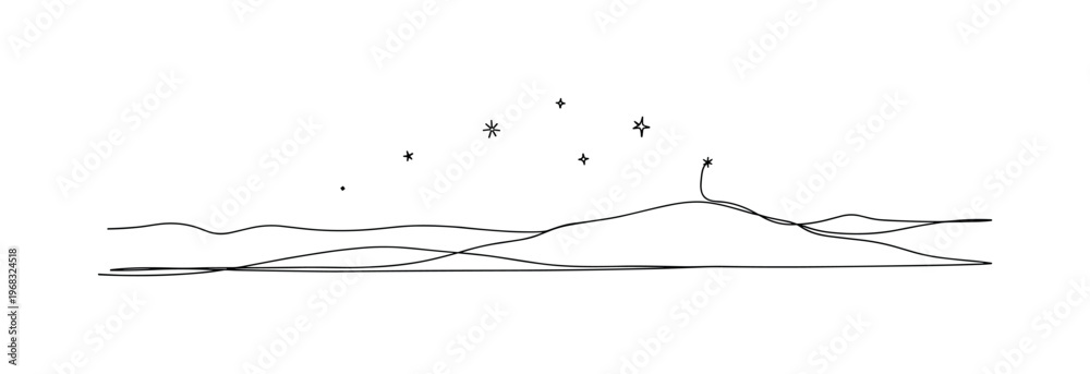 Fototapeta premium Dusk Horizon. Minimalistic one-line drawing first stars visible in darkening sky over landscape, continuous single black line on white background, simple
