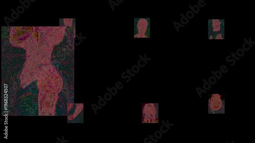 Digital noise and pixelated human figures on a black background. Cyberpunk-style surveillance data glitch. Collage of body parts.