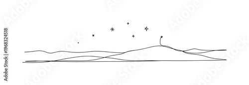 Dusk Horizon. Minimalistic one-line drawing first stars visible in darkening sky over landscape, continuous single black line on white background, simple
