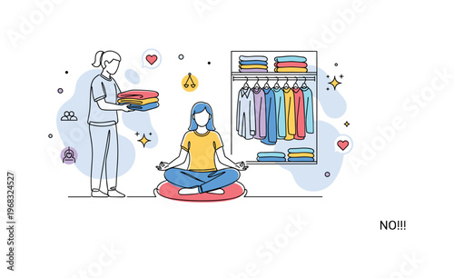 Closet Organization. Minimalistic one-line drawing individual folding and storing lightweight summer clothing neatly, continuous single black line on white