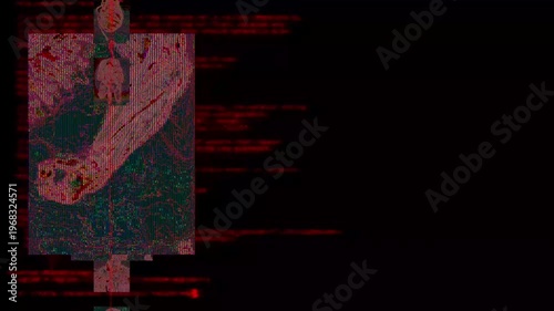 The graphics are a column with distorted human shapes and red interference lines. The flow of biometric data is distorted. Cyberpunk digital error animation.
