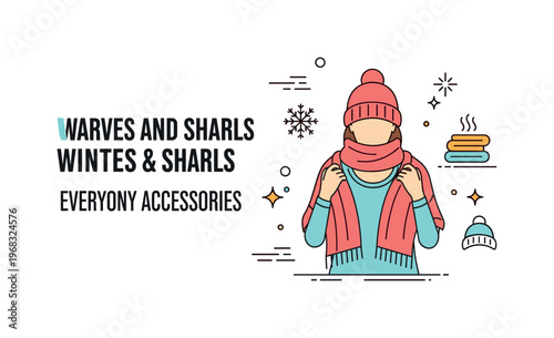 Scarves and shawls winter outfit scene where a person drapes a shawl over their shoulders while small sparkle and line icons emphasize warmth, comfort, and