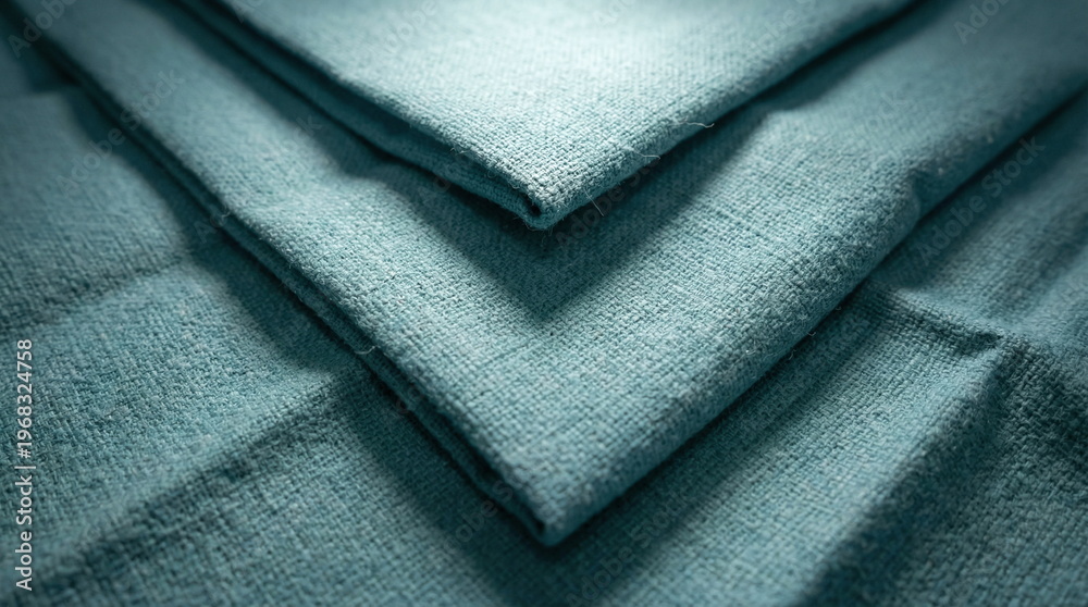 Fototapeta premium High angle close-up of folded light blue textured linen fabric with soft shadows