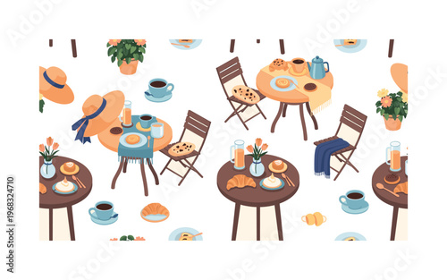 morning veranda breakfast seamless pattern, repeating pattern, surface design, textile print, modern illustration of coffee cups, pastries, flowers, tables,