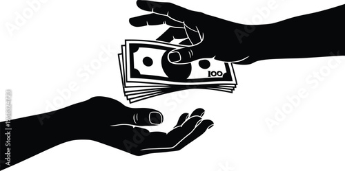 Silhouette of one hand giving a stack of US dollar bills to another open palm hand Keywords: money