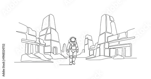 Ancient Alien Sites. Minimalistic one-line drawing astronaut walking among monolithic alien ruins, continuous single black line on white background, simple