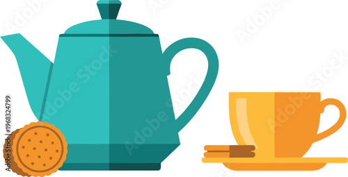 A flat vector illustration of a teal teapot with a yellow teacup and two round biscuit cookies