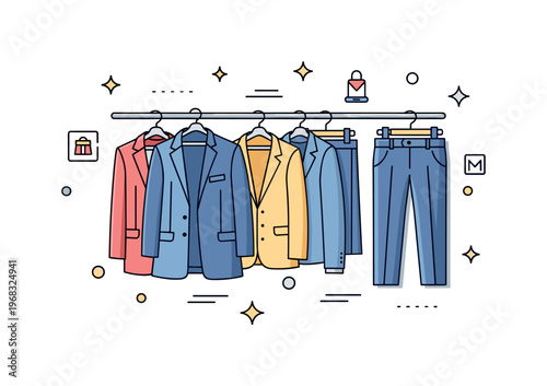 Tailored outfits wardrobe organization concept where neatly hung blazers and matching trousers are displayed while small sparkle and line icons emphasize