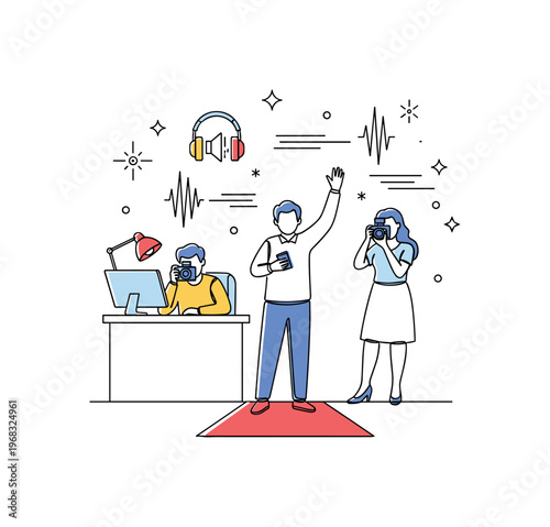Paparazzi Moment. Minimalistic one-line drawing star waving and posing for photographers on red carpet, continuous single black line on white background,